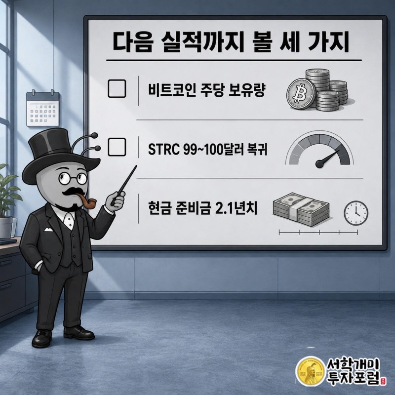 부자개미가 비트코인 보유량·STRC 가격·현금 준비금 체크리스트를 점검하는 정보 일러스트