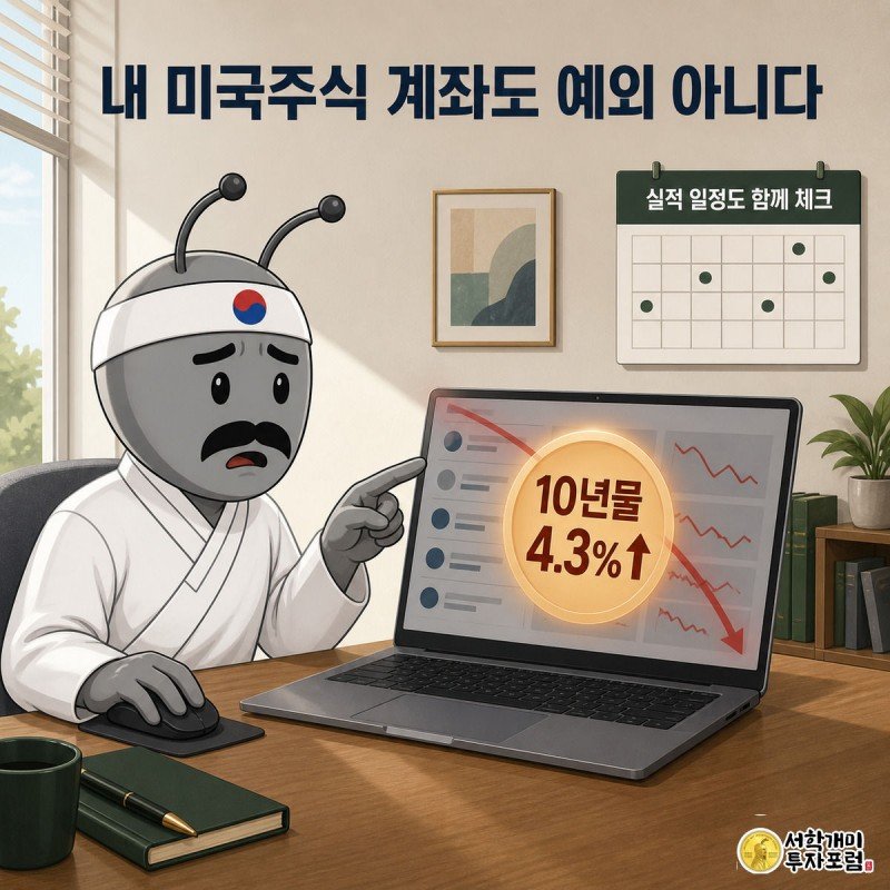 개미가 노트북 속 미국주식 계좌 화면 위로 겹쳐 떠오른 붉은 금리 곡선을 보며 불안해하는 그림