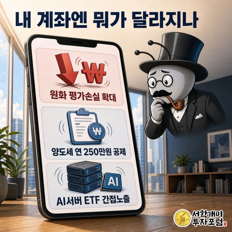 개미가 스마트폰 HTS 화면 속 원화 평가손실과 흔들리는 ETF 아이콘을 근심스럽게 바라보는 클로즈업