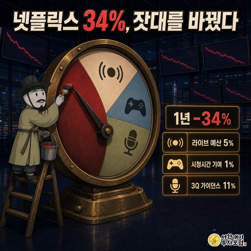 야간 증권거래소를 배경으로 -34%를 가리키는 대형 계기판 앞에서 개미가 사다리에 올라 눈금 라벨을 라이브·게임·팟캐스트로 다시 칠하며 애써 태연한 표정을 짓는 그림