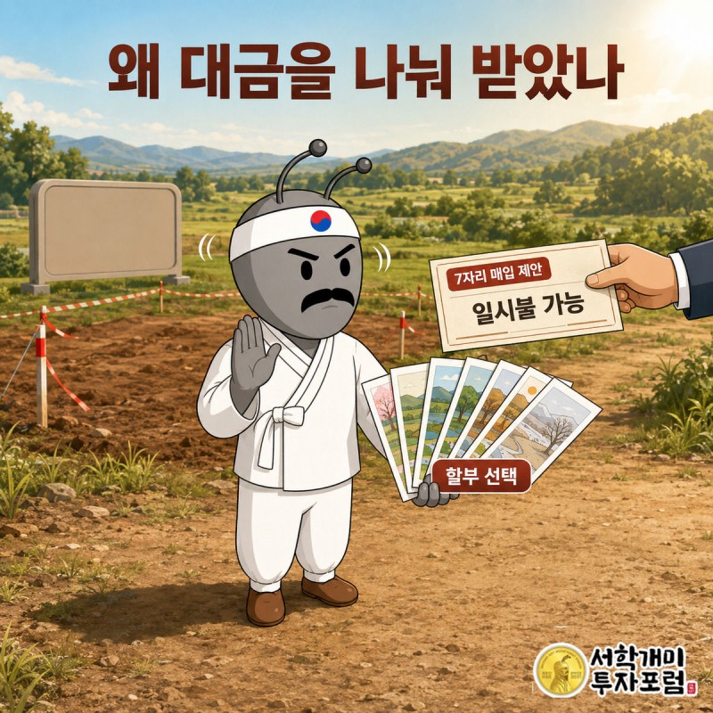 데이터센터 부지 팻말이 꽂힌 시골 땅 앞에서 부자개미가 일시불 수표 대신 여러 해로 나눈 계약서를 신중한 표정으로 받아 드는 모습