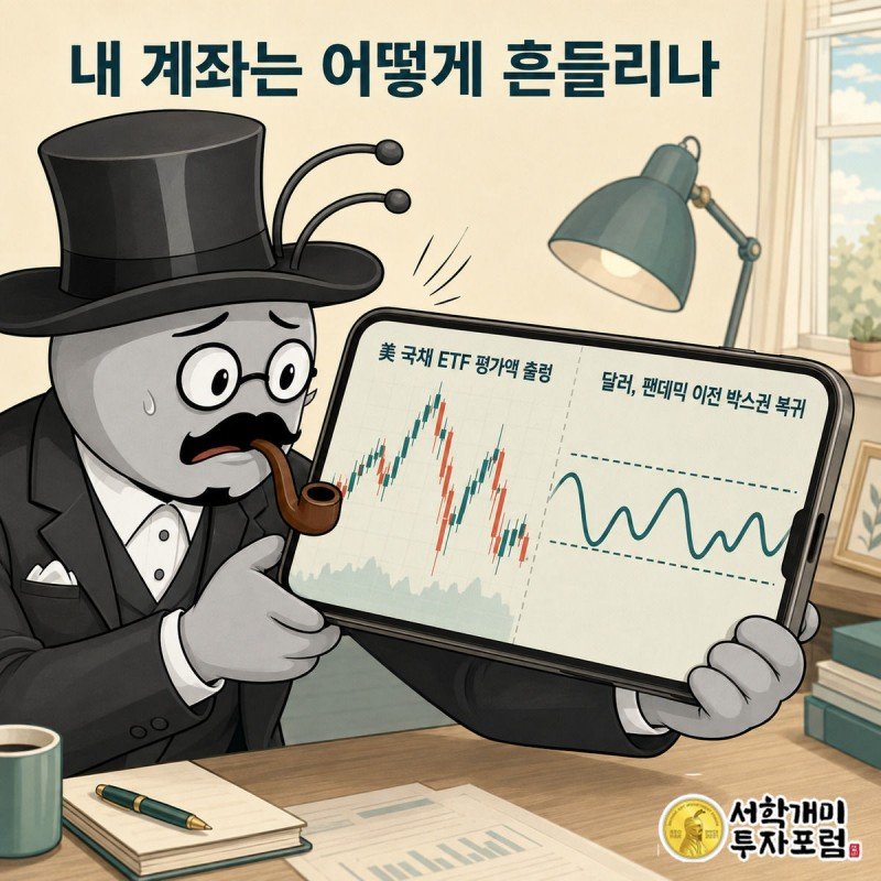 부자개미가 스마트폰 HTS 화면으로 출렁이는 미국채 ETF 그래프와 박스권으로 돌아온 달러 인덱스를 들여다보는 장면