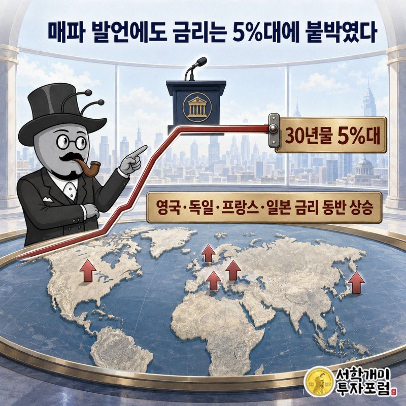 세계지도 위 여러 나라에서 금리 화살표가 솟아있고 그래프 선이 5% 지점에서 멈춘 모습을 개미가 심각한 표정으로 짚어보고 있다.