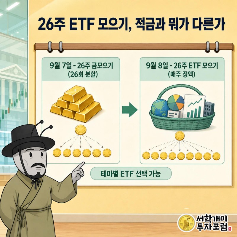 9월 7일 금모으기와 9월 8일 ETF 모으기 출시일을 캘린더 타임라인으로 보여주고 개미가 짚어 설명하는 그림