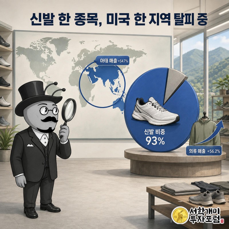 양반개미가 세계지도 위에서 빛나는 아시아태평양 원을 돋보기로 살피고, 옆에는 신발과 의류 매출 비중이 파이 조각으로 표시된 모습