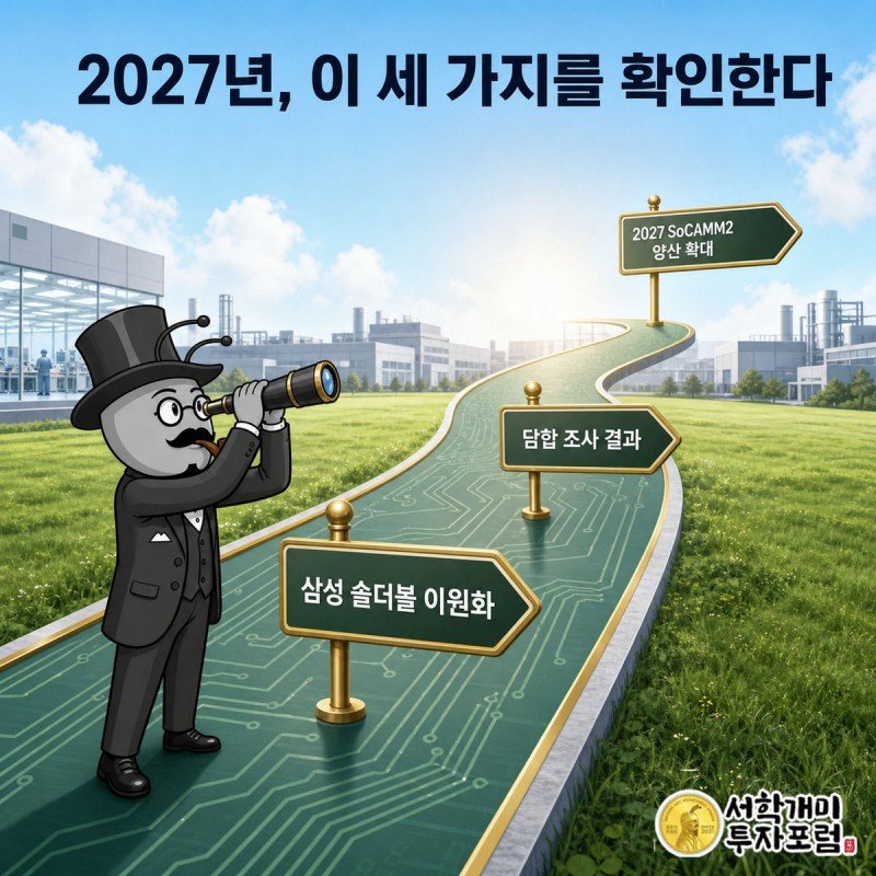 개미가 길 위 이정표들을 지나 망원경으로 2027년 SoCAMM2 양산 확대를 바라보는 체크포인트 그림