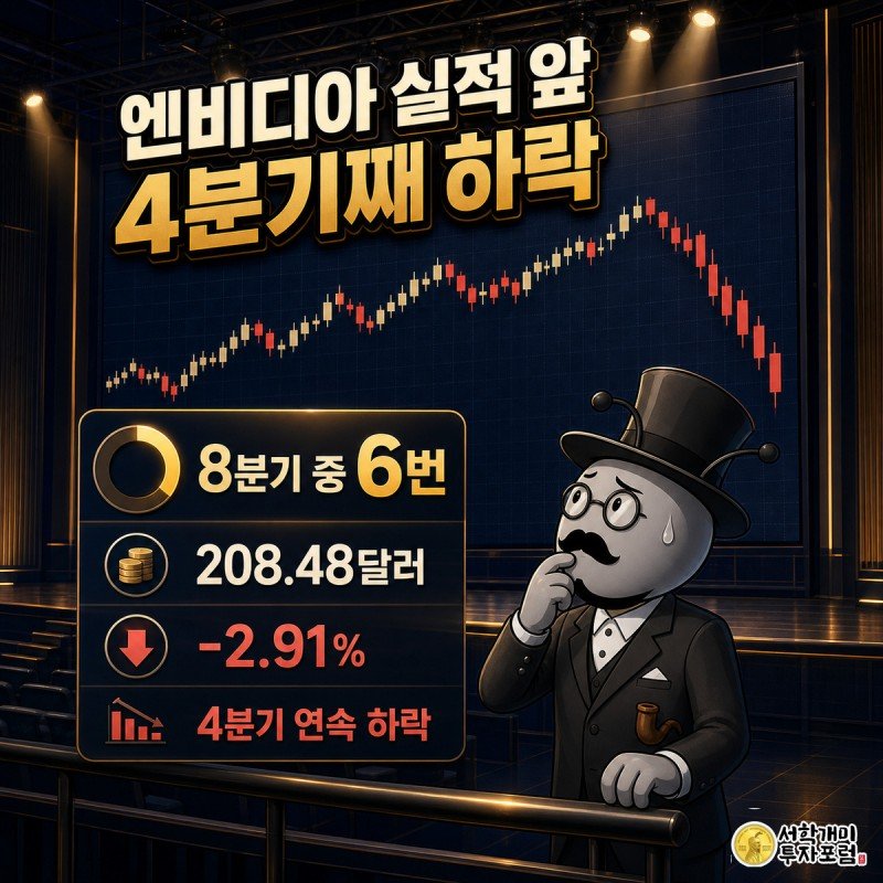 네이비 톤 실적 발표 무대에서 급락하는 캔들차트를 불안한 표정으로 올려다보는 개미와 8분기 중 6번 하락, 208.48달러(-2.91%) 수치가 담긴 데이터 위젯