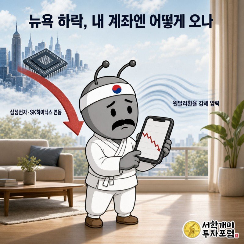 서민개미가 뉴욕발 하락 화살표에 함께 끌려 내려가는 국내 반도체주 그래프를 스마트폰으로 걱정스럽게 보는 그림