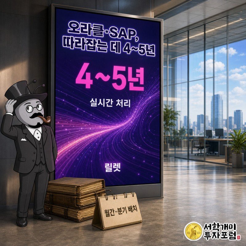 거대한 실시간 데이터 티커 화면 앞에서 부자개미가 놀란 표정으로 실크햇을 붙잡고 있고, 옆에는 낡은 장부 더미가 무너지며 세피아빛 먼지가 날린다