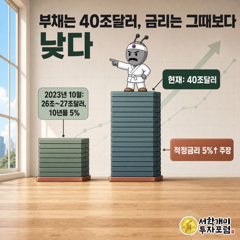 부자개미가 2023년보다 훨씬 높이 쌓인 달러 더미 위에 서서 그때의 낮은 더미를 가리키고 있다.