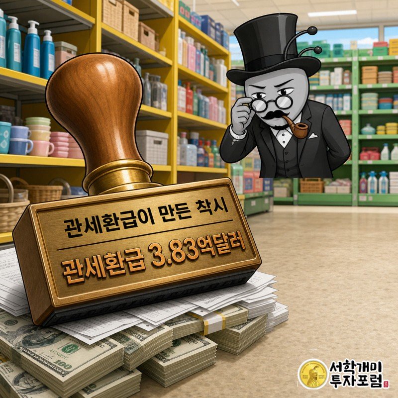 달러제너럴·달러트리 영수증 위에 관세환급 도장이 찍히는 것을 부자개미가 의심스러운 표정으로 바라보는 그림
