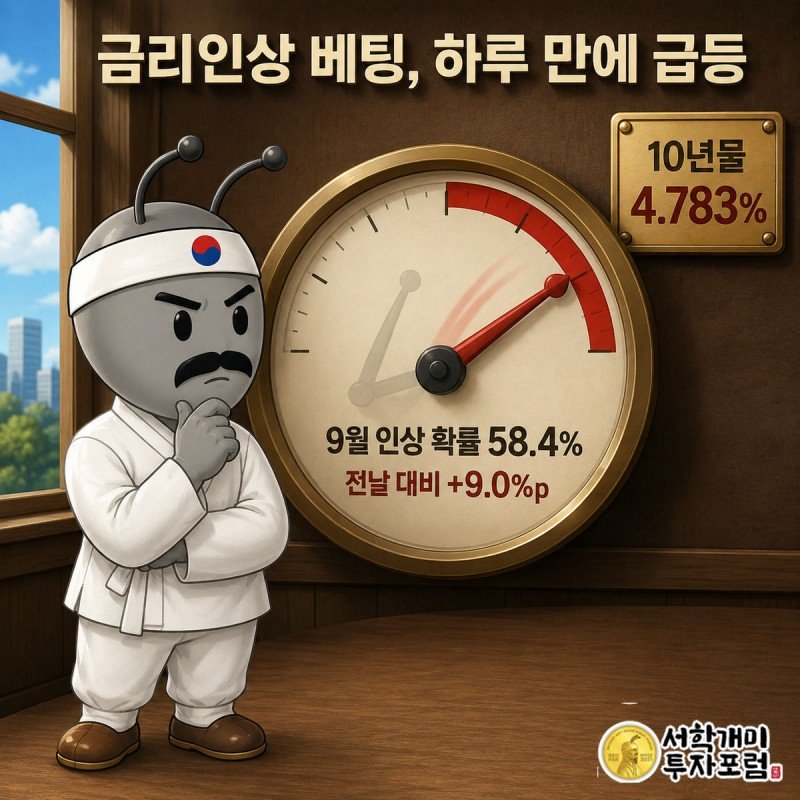 양반개미가 근심스러운 표정으로 금리인상 확률 다이얼의 바늘이 크게 튀어 오른 모습을 살핀다