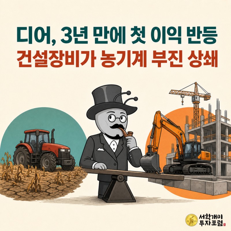농기계 부진을 건설장비 호조가 상쇄하며 디어 이익이 반등한 상황을 보여주는 서학개미 기자 커버