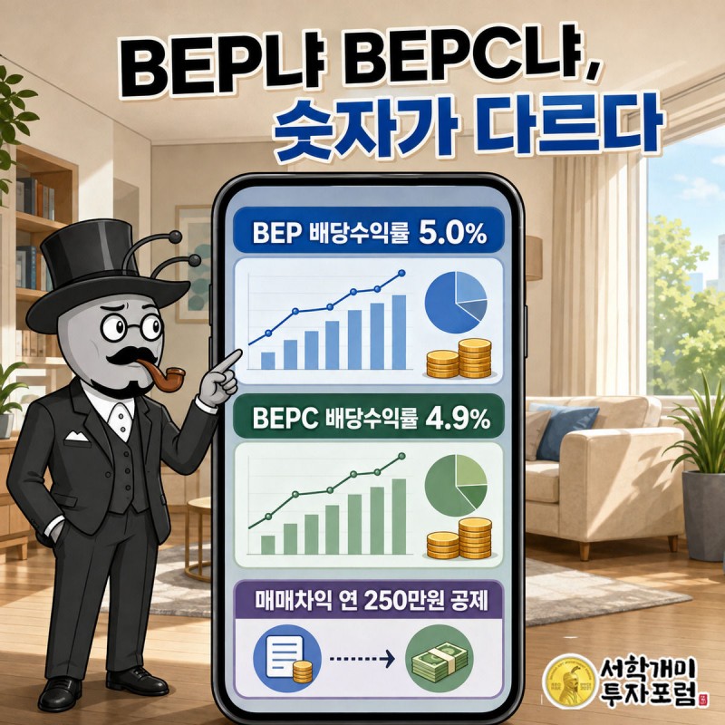 계좌 화면 속 BEP와 BEPC 두 티커 카드를 의심스러운 표정으로 들여다보는 서민개미
