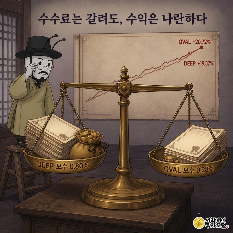 개미가 저울로 DEEP과 QVAL의 운용보수와 수익률을 비교해 살펴보는 장면