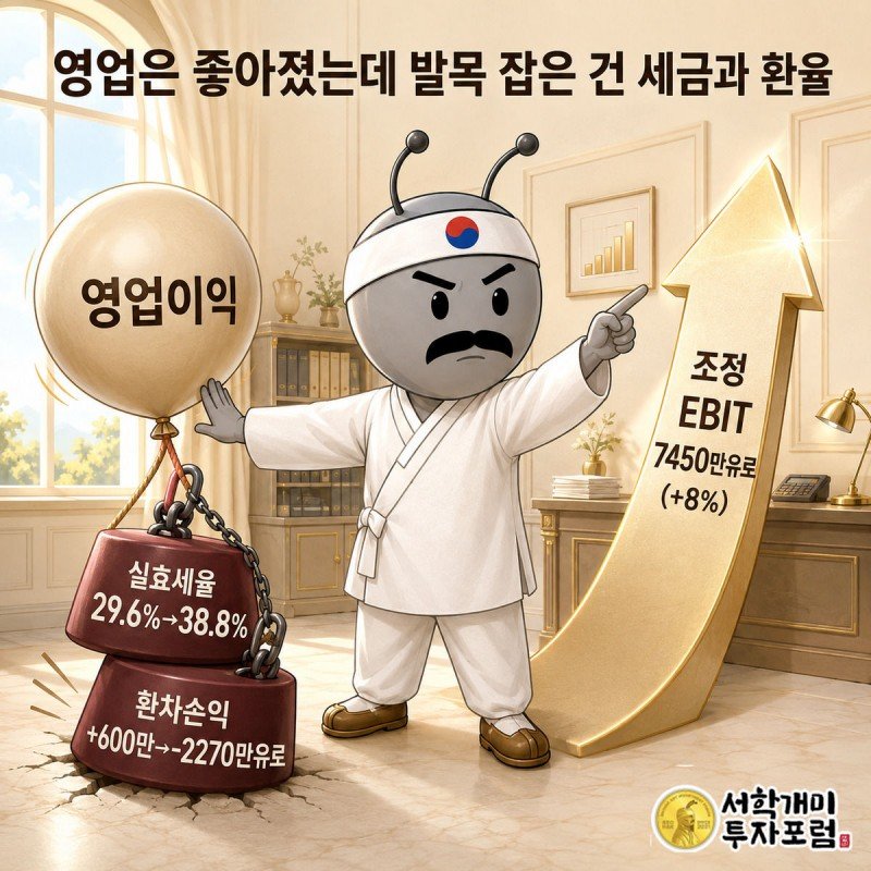 세율·환차손 추에 눌려 가라앉는 순이익 풍선과 솟아오르는 영업이익 화살표를 양손으로 가리키는 부자개미