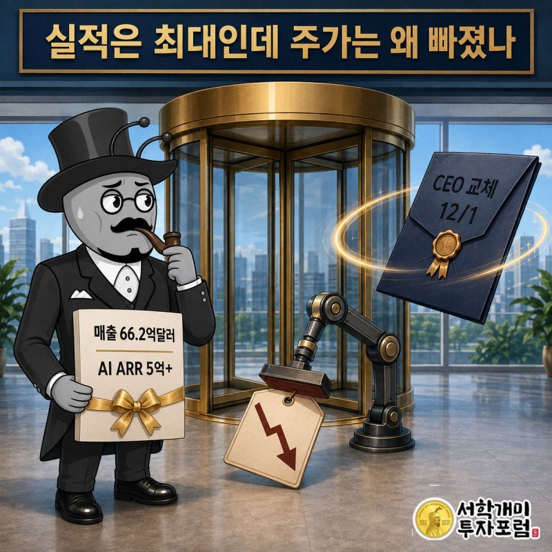 부자개미가 회전문 앞에서 어도비 CEO 교체 소식과 저가형 AI 가격표 도장을 동시에 지켜보는 모습