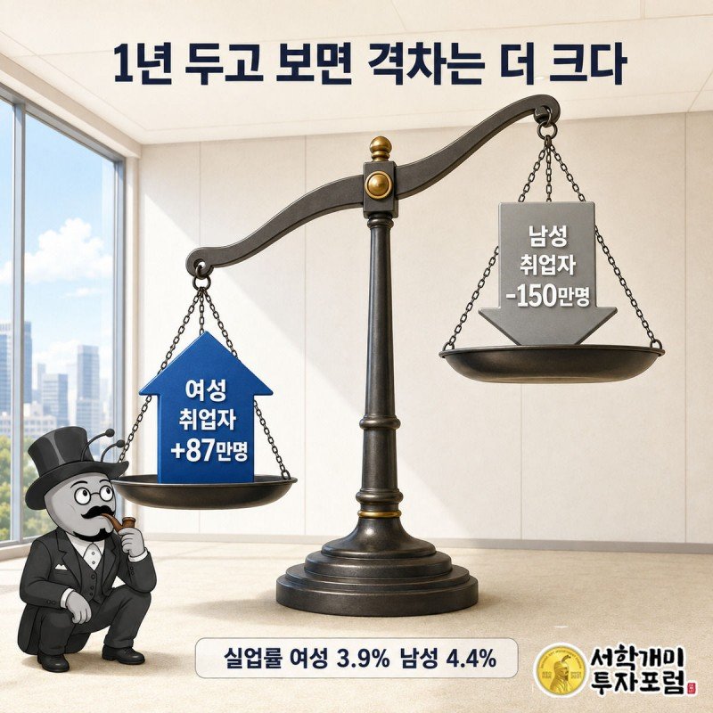 여성 취업자 증가와 남성 취업자 감소로 완전히 기운 저울 앞의 개미