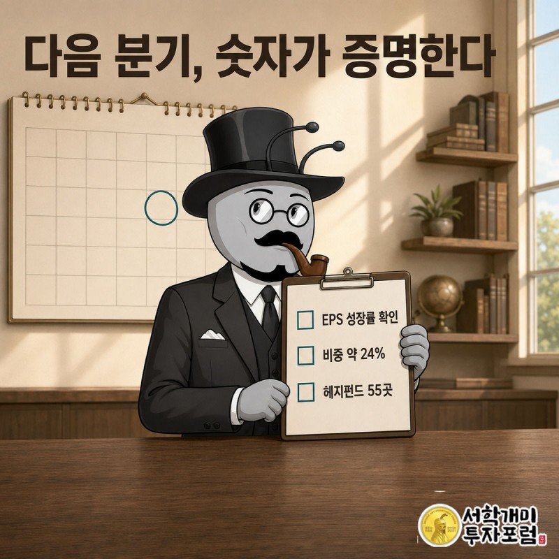 다음 분기 실적 발표일이 표시된 달력 앞에서 개미가 체크리스트를 들고 확인할 지표를 살피는 일러스트