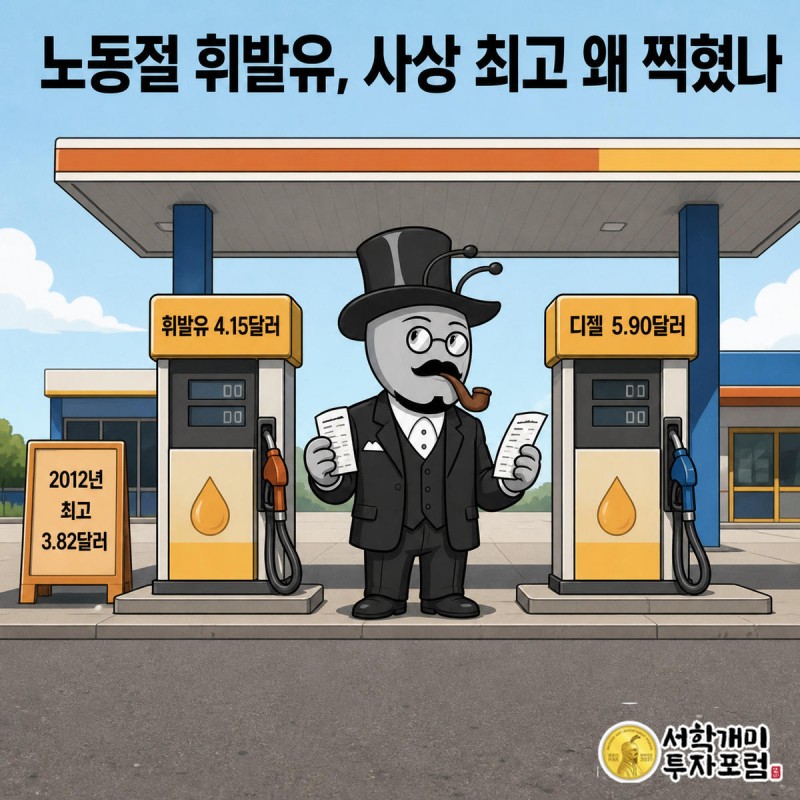 주유소 두 개의 가격판에 휘발유 4.15달러와 디젤 5.90달러가 표시되고 발밑에 2012년 최고치 3.82달러가 낮게 깔린 비교 장면