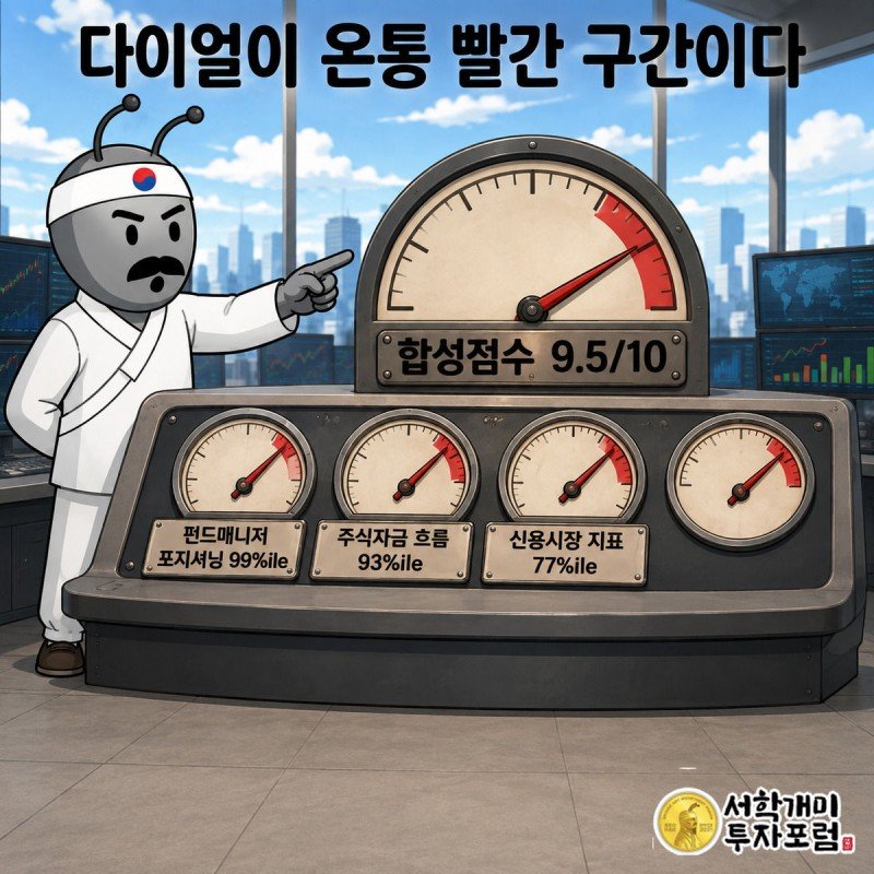 여러 다이얼 게이지 바늘이 모두 상단 위험 구간을 가리키는 가운데 합산 지표가 9.5를 나타내는 장면