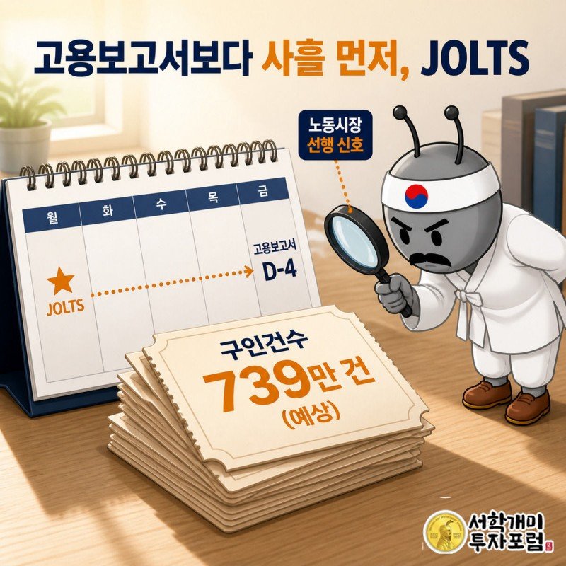 개미가 돋보기로 채용 공고 카드 더미를 살피며 JOLTS 구인건수 739만 건을 확인하는 모습