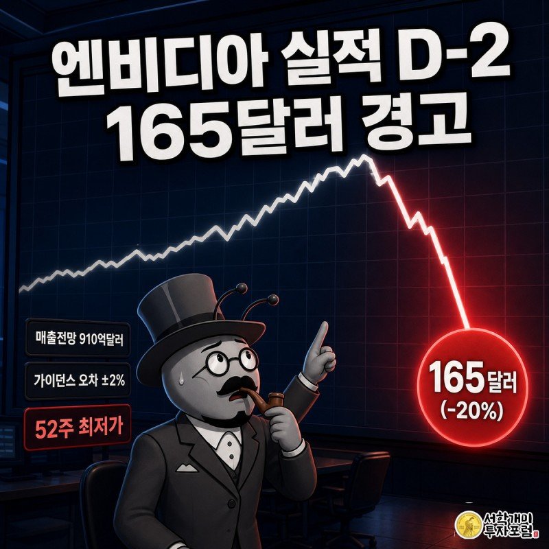 네이비색 트레이딩룸 스크린에 뜬 급락 차트를 개미가 불안한 표정으로 올려다보고, 하락선 끝에 165달러 크림슨 배지가 표시된 엔비디아 실적 경고 커버 이미지