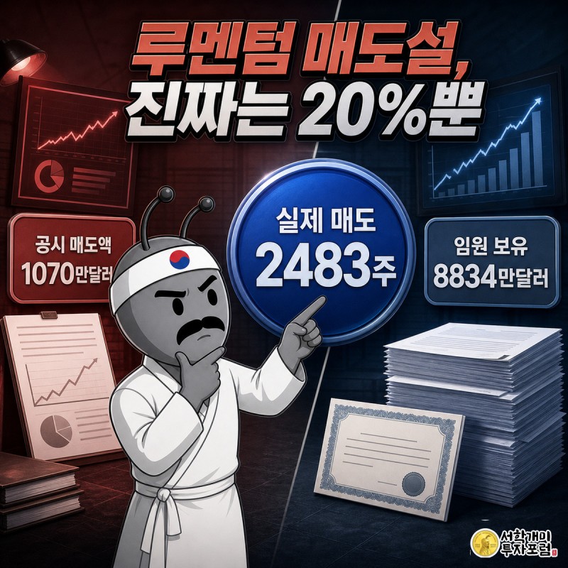 루멘텀 임원의 1070만달러 매도 공시와 실제 시장 매도 2483주를 붉은 헤드라인과 차분한 진실 패널로 대비시킨 일러스트
