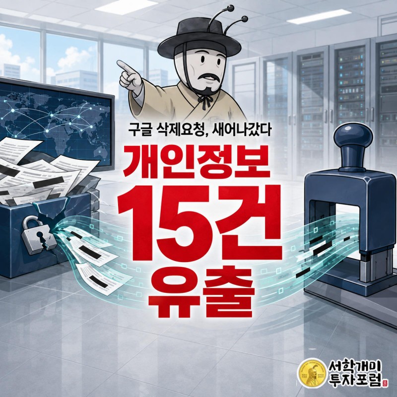 왼쪽엔 유출된 서류가 해외 사이트로 빨려가고 오른쪽엔 정부 도장이 중단을 찍는 장면을 양반개미가 근심스레 바라보는 그림