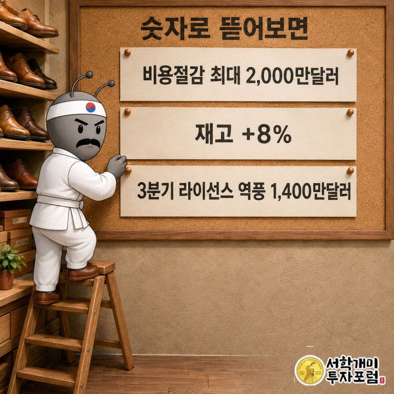 사무실 게시판에 이번 분기 핵심 수치 카드가 붙어 있고 개미 캐릭터가 사다리 위에서 카드를 붙이는 장면