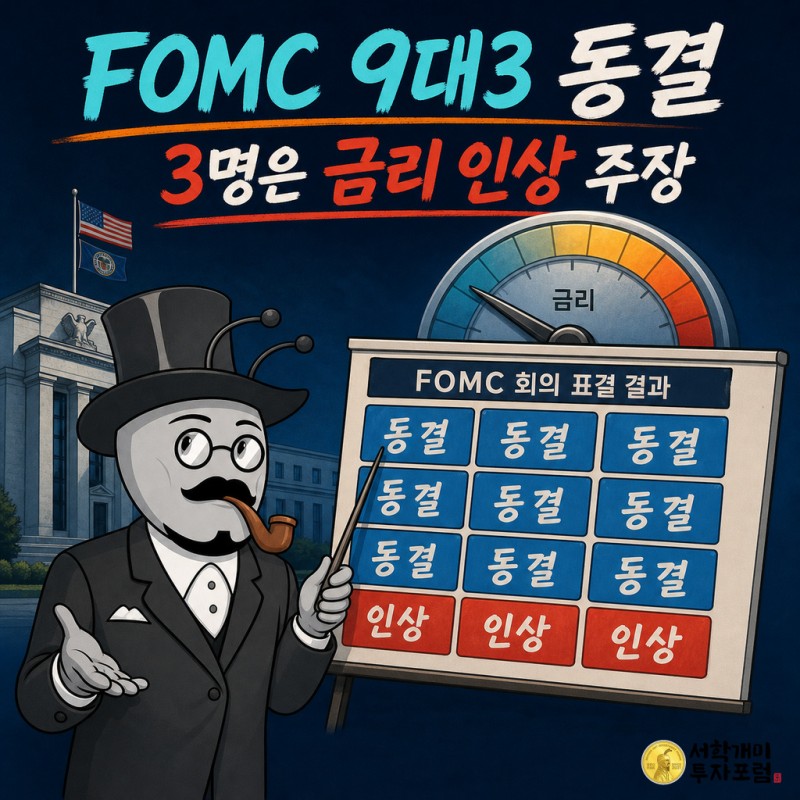 서학개미가 FOMC 9대3 동결과 3명의 금리 인상 주장을 설명하는 해외뉴스 커버