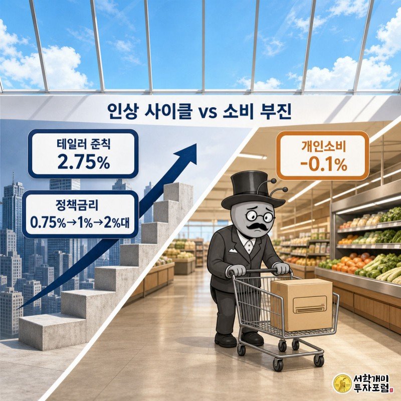 왼쪽엔 치솟는 금리 인상 계단 그래프, 오른쪽엔 텅 빈 쇼핑카트를 미는 개미가 낙담한 표정으로 소비 부진을 나타내는 대비 장면