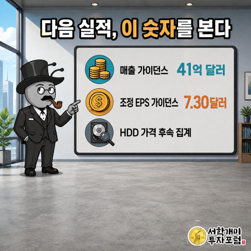 서민개미가 달력에 다음 실적발표일을 표시하고 체크리스트 보드의 매출·EPS 수치를 짚고 있다