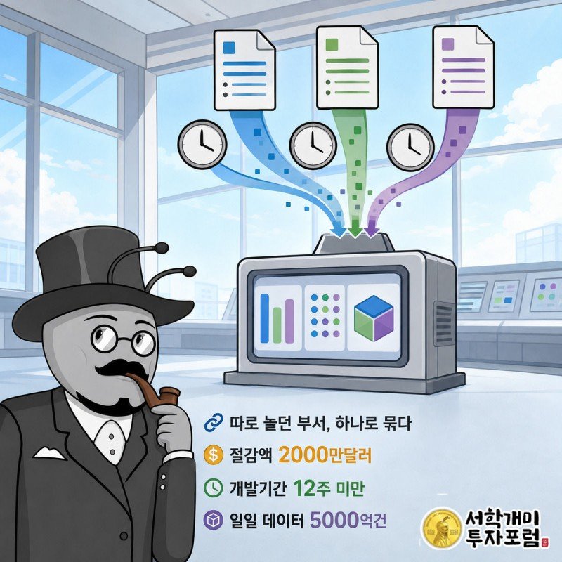 흩어진 부서 서류더미 옆에서 그리드 컴포저 화면을 보며 부자개미가 절감액을 확인하고 흐뭇해한다