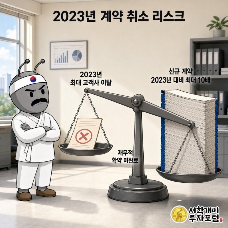 부자개미가 취소 도장이 찍힌 얇은 옛 계약서와 훨씬 두꺼운 새 계약서를 저울에 올려 의심스러운 표정으로 무게를 재는 그림