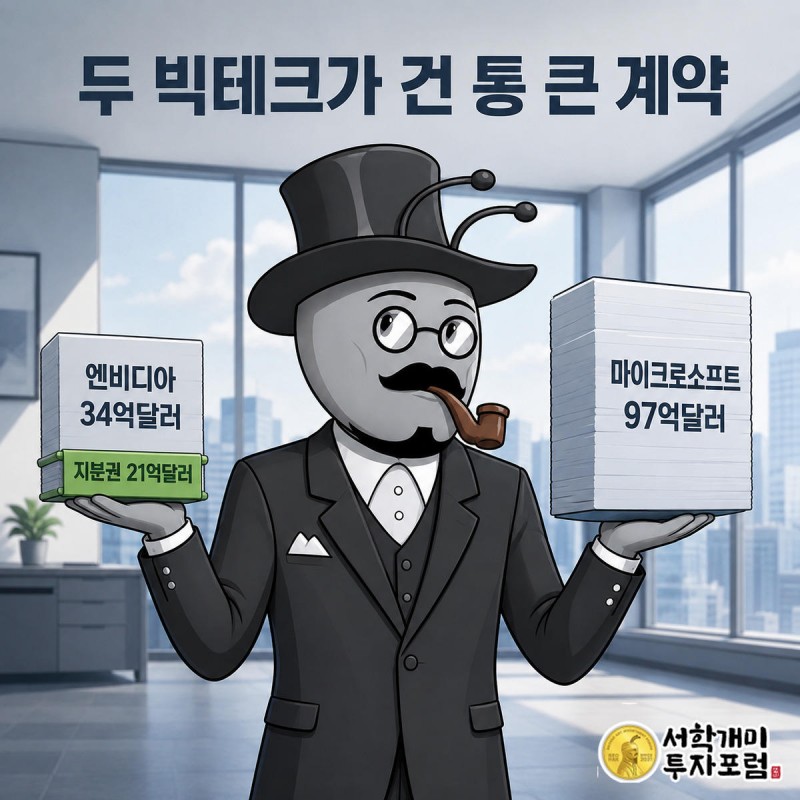 부자개미가 엔비디아 34억달러 계약서와 마이크로소프트 97억달러 계약서를 양손에 들고 저울질하는 모습