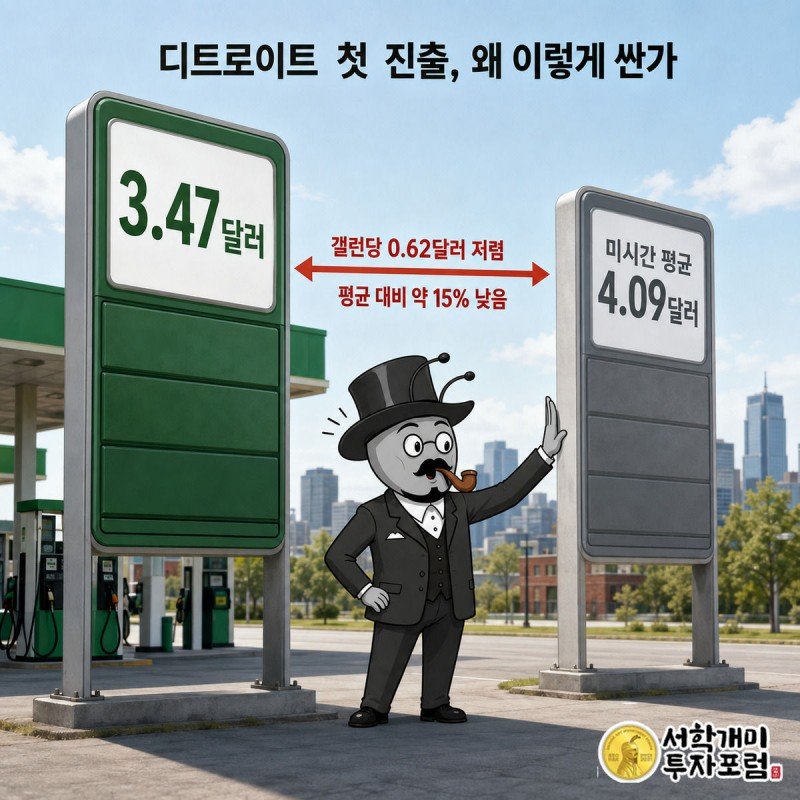 개미가 프리덤퓨얼 가격판 3.47달러와 미시간 평균 4.09달러 표지판을 번갈아 보며 놀라는 모습