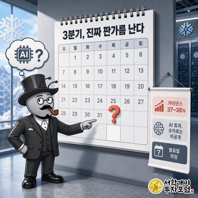 서민개미가 빈 날짜 위에 물음표가 뜬 달력 앞에서 3분기 실적 발표일을 가리키는 인포그래픽