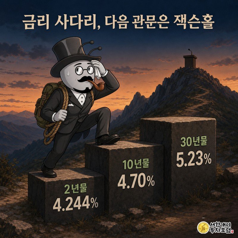 개미가 2년물, 10년물, 30년물 순서로 높아지는 금리 계단을 오르며 저 멀리 잭슨홀 강연대를 올려다보는 그림