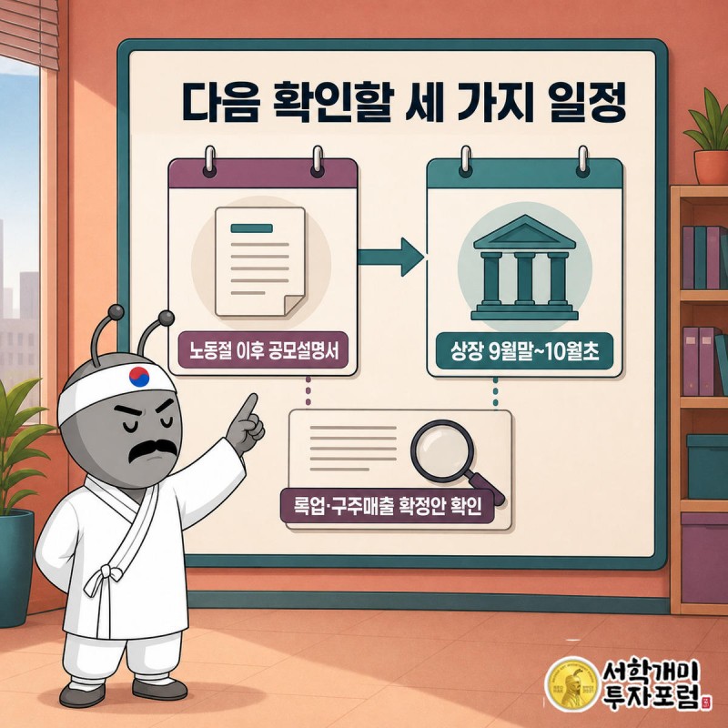 캘린더 위에 공모설명서 공개일과 상장 예상일이 체크 표시로 이어진 모습을 양반개미가 신중하게 짚어보는 인포그래픽