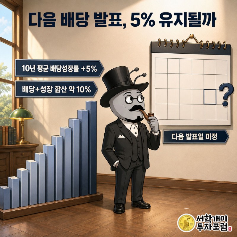 10년간 오른 배당 막대그래프 옆에서 다음 배당 발표일 물음표 배지를 바라보는 부자개미