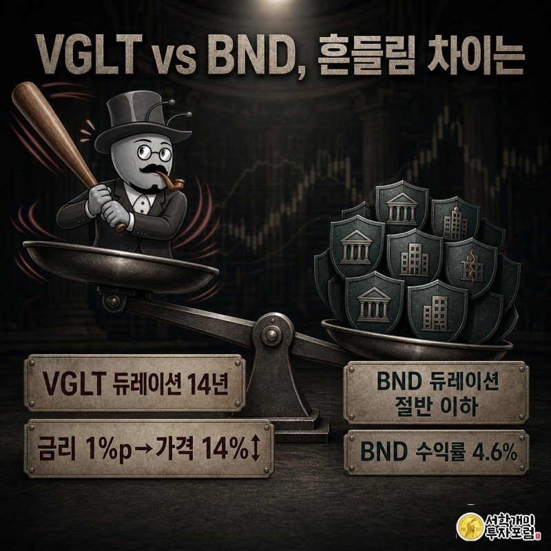 개미가 저울 위에서 크게 휘청이는 VGLT 야구배트와 안정적으로 쌓인 BND 방패 다발의 균형을 비교하는 모습