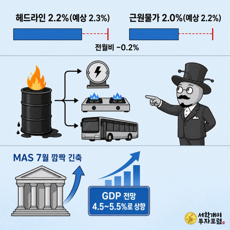 싱가포르 물가 실제치와 예상치 비교, 에너지값 상승 원인, 통화당국 대응을 3컷으로 나눈 팝아트 패널