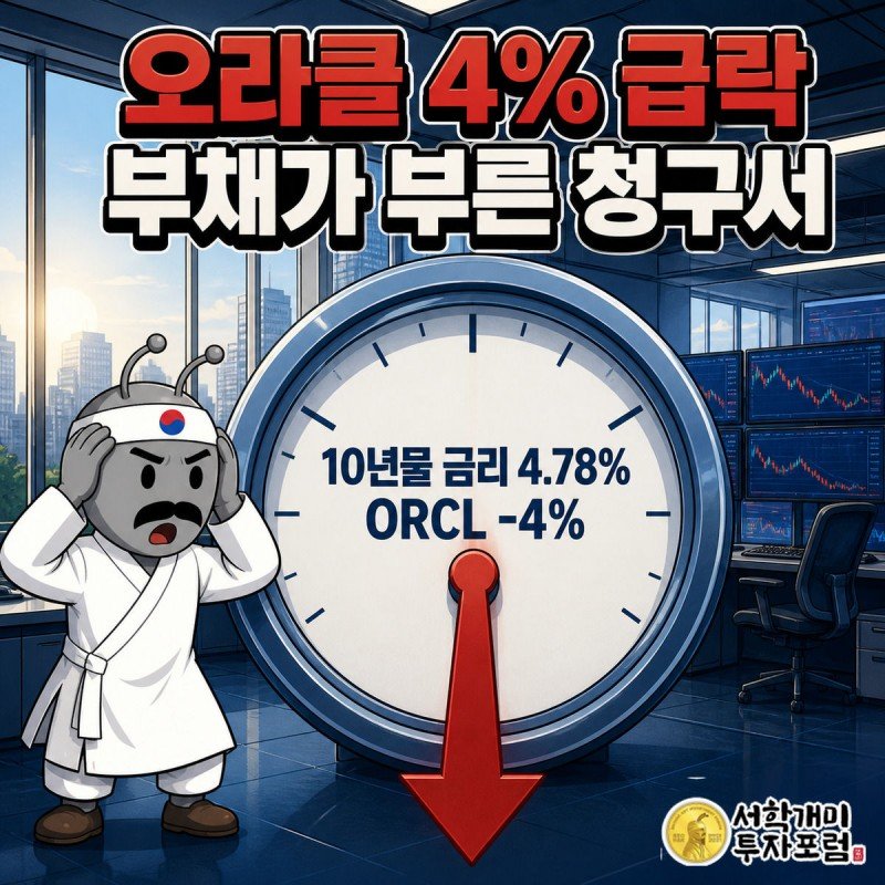 치솟는 금리 게이지 바늘이 오라클 주가 화살표를 짓눌러 꺾는 모습을 부자개미가 낭패한 표정으로 올려다보는 그림