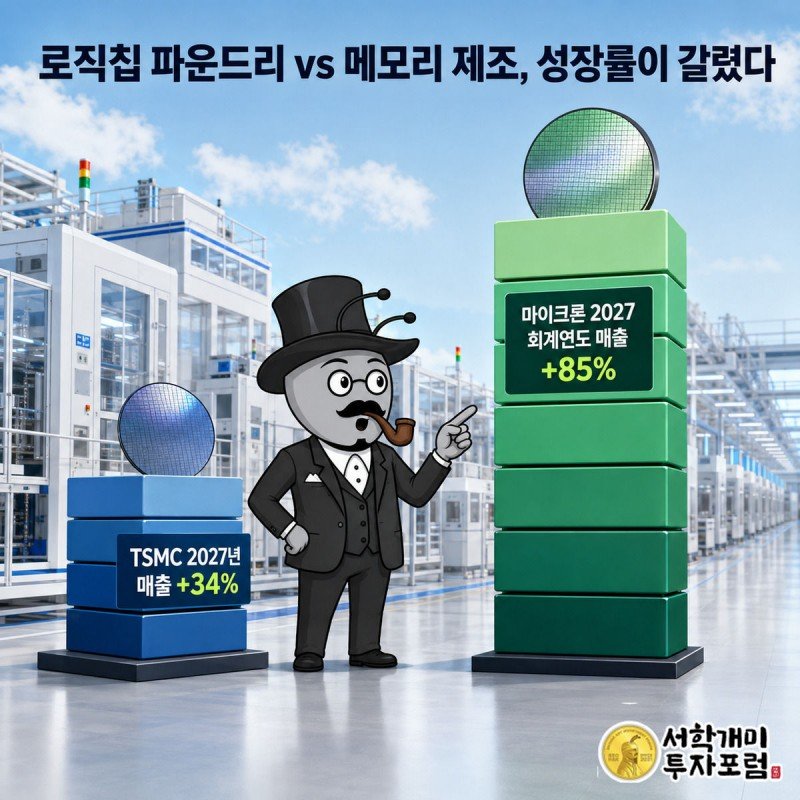 서민개미가 TSMC와 마이크론 공장을 좌우로 비교하며 성장률 막대를 가리키는 그림