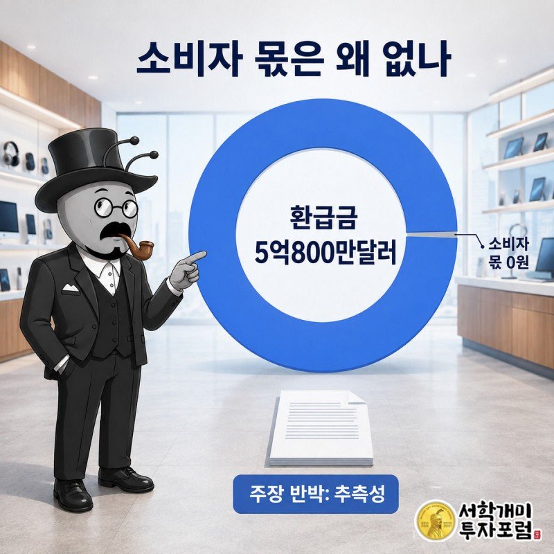 서민개미가 도넛 차트에서 텅 빈 소비자 몫 조각을 가리키며 낭패한 표정을 짓고, 옆에는 소니의 반박 문구가 말풍선으로 표시된 그림