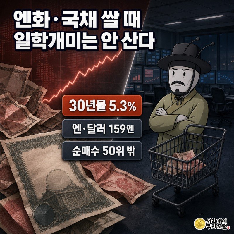 엔화 지폐와 미국채 증서가 있는 왼쪽 장면과, 반쯤 빈 장바구니 앞에서 팔짱 끼고 의심스러운 표정을 짓는 개미가 있는 오른쪽 장면이 대각선으로 나뉜 일러스트