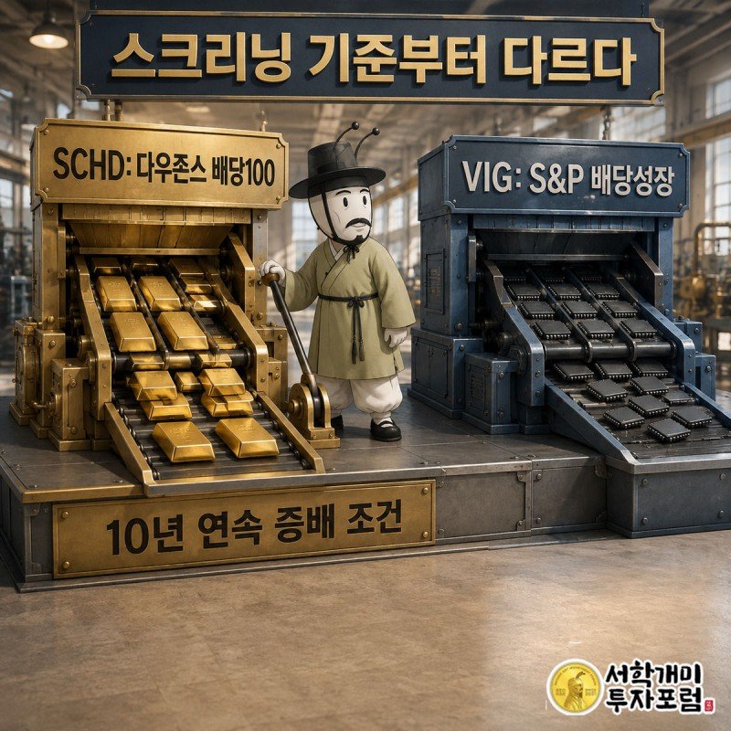 가치주를 거르는 SCHD 분류 기계와 성장주를 거르는 VIG 분류 기계를 서민개미가 신기하게 지켜보는 모습
