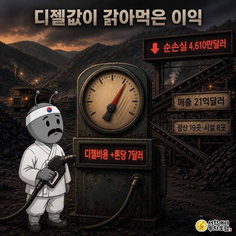 디젤 주유기 계기판 앞에서 치솟는 비용에 당혹해하는 개미와 뒤편 탄광 컨베이어벨트, 순손실 수치 배지를 함께 보여주는 장면
