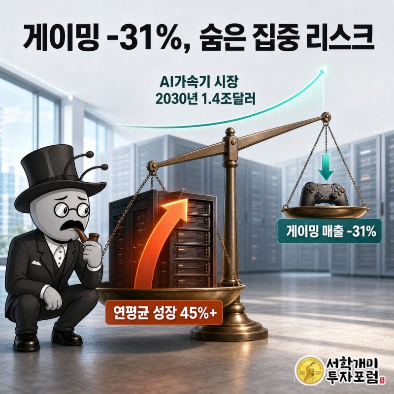저울이 거대한 데이터센터 서버박스 쪽으로 완전히 기울고 반대편 작은 게임 컨트롤러 접시 옆에서 부자개미가 낭패한 표정으로 -31%로 줄어든 게이밍 매출을 내려다보고 있다.